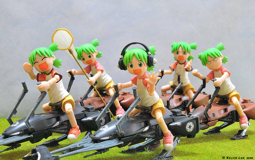 koiwai yotsuba, revoltech, star wars, yotsubato!, photo (medium), 00s, 1girl, 2008, butterfly net, child, clenched hand, clone, closed eyes, crossover, dual persona, emblem, figure, figure (medium), green eyes, green hair, hand net, headphones, net, quad tails, raglan sleeves, short hair, signature, smile, speeder bike, toy