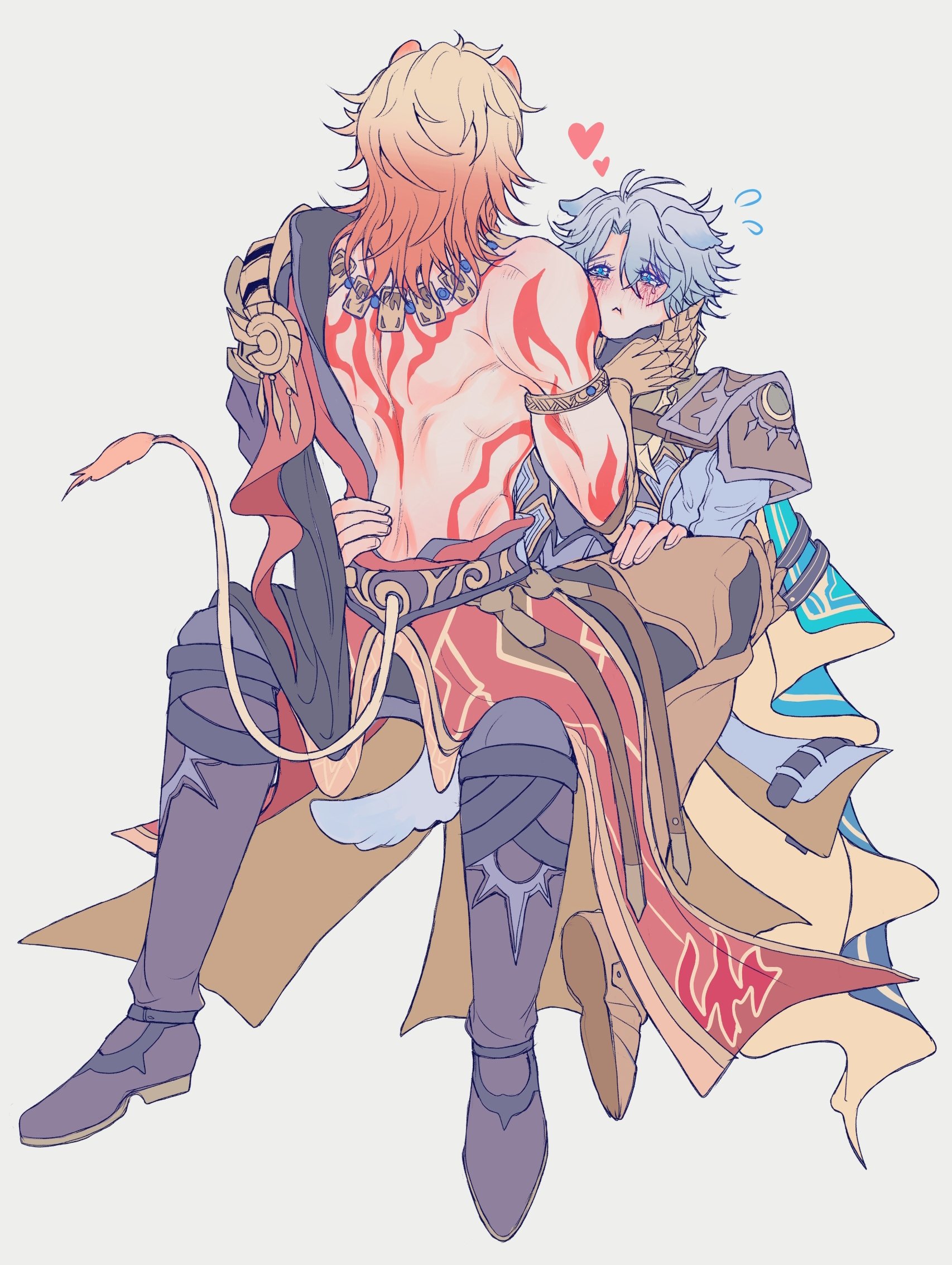 lii litus, mydei (honkai: star rail), phainon (honkai: star rail), honkai: star rail, honkai (series), commentary, highres, 2boys, animal ears, antenna hair, arm tattoo, armlet, armor, armored boots, back tattoo, black coat, black gloves, black pants, black shirt, blonde hair, blue coat, blue eyes, blush, boots, clawed gauntlets, coat, dog boy, dog ears, dog tail, fingerless gloves, gloves, gold necklace, gradient hair, grey background, hand on another's face, hand on another's waist, jewelry, lion boy, lion ears, lion tail, male focus, medium hair, multicolored hair, multiple boys, necklace, open clothes, open coat, pants, parted bangs, pauldrons, red hair, shirt, short hair, shoulder armor, simple background, single pauldron, sitting, sitting on lap, sitting on person, tail, tattoo, toned, toned male, white coat, white hair, yaoi