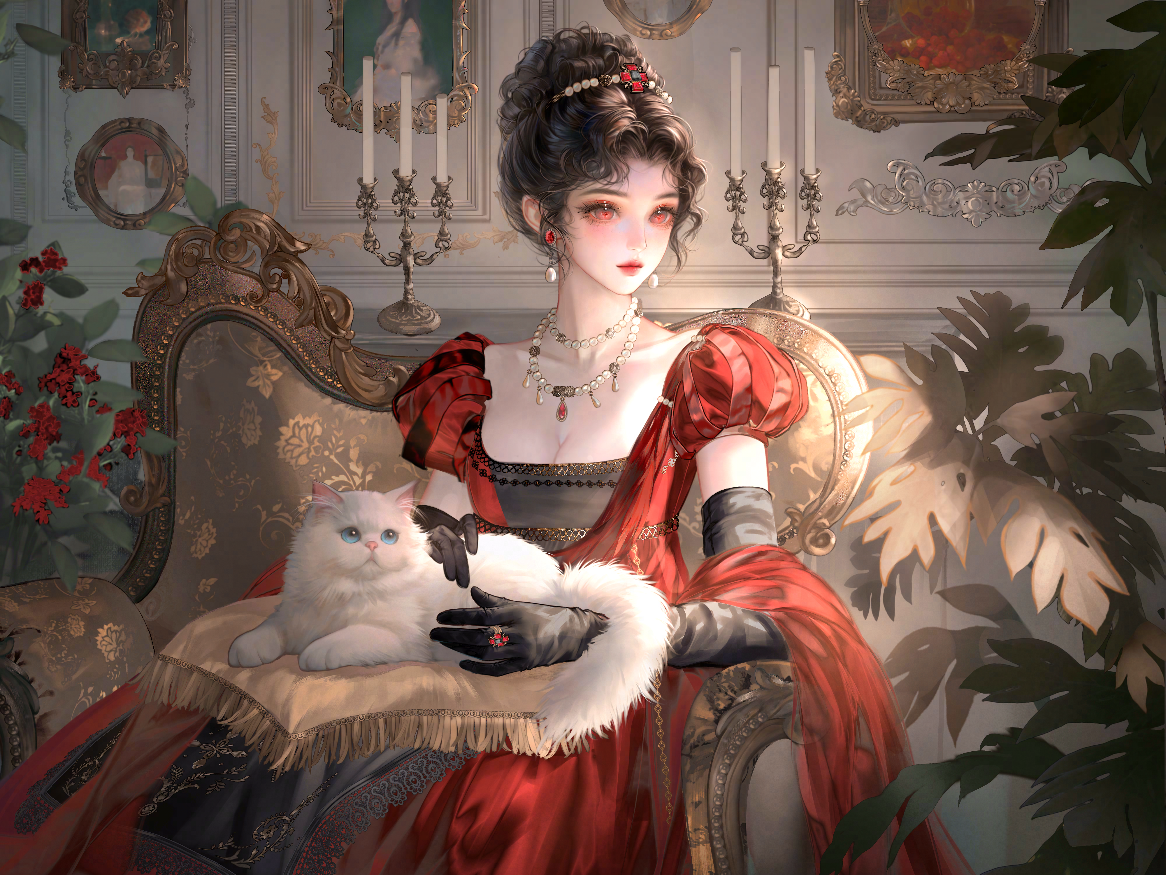 xixizi, original, absurdres, highres, large variant set, variant set, 1girl, animal, black gloves, black hair, breasts, cat, chair, cleavage, couch, dress, earrings, elbow gloves, flower, gloves, hair bun, hair ornament, holding, indoors, jewelry, necklace, on lap, painting (object), picture frame, plant, puffy sleeves, red dress, red eyes, ring, single hair bun, sitting, solo, white cat