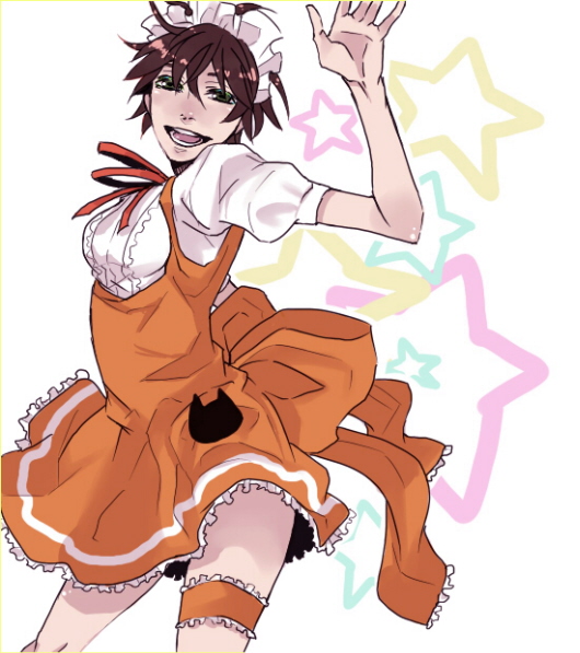 kamiyu, yumitosi, kururugi suzaku, suzako, anna miller, code geass, bad id, bad pixiv id, gender request, 00s, 1girl, brown hair, dress, female focus, genderswap, maid, orange skirt, short hair, skirt, solo, waitress