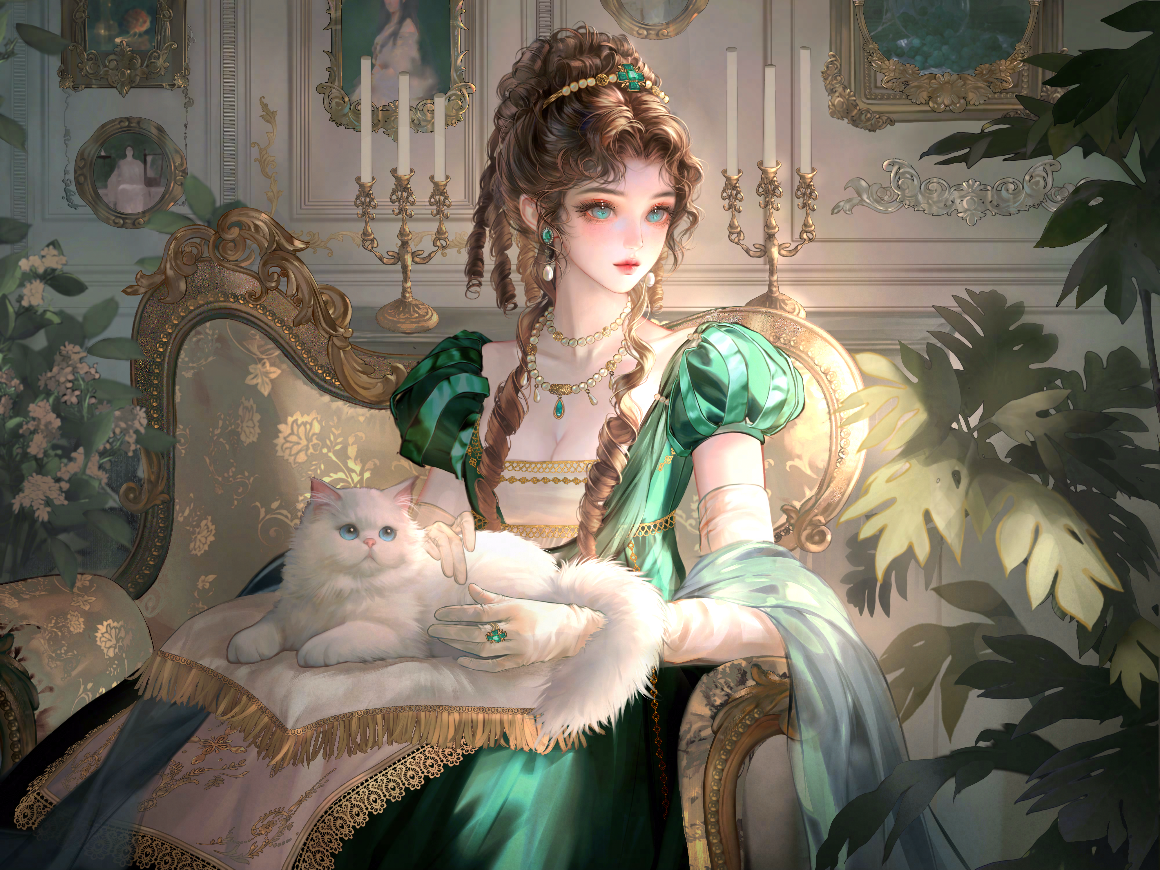 xixizi, original, absurdres, highres, large variant set, variant set, 1girl, animal, braid, breasts, brown hair, cat, couch, dress, earrings, green dress, hair ornament, holding, holding animal, holding cat, indoors, jewelry, long hair, necklace, on lap, puffy sleeves, ring, short sleeves, sitting, solo, white cat