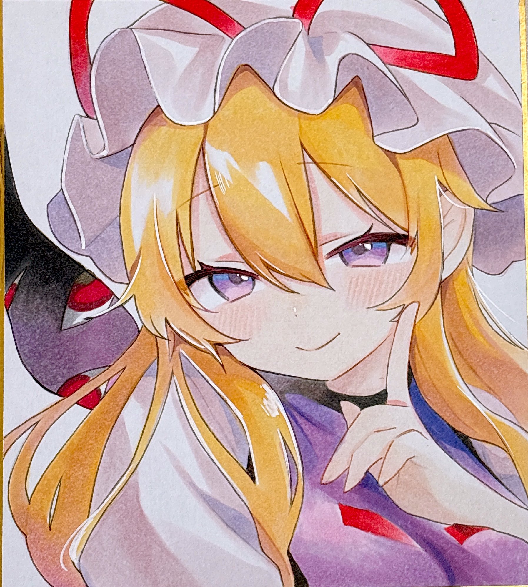 moni monico, yakumo yukari, touhou, commentary request, highres, marker (medium), traditional media, 1girl, blonde hair, blush, finger to cheek, gap (touhou), half-closed eyes, hat, hat ribbon, index finger raised, long hair, mob cap, portrait, purple eyes, ribbon, smile, solo