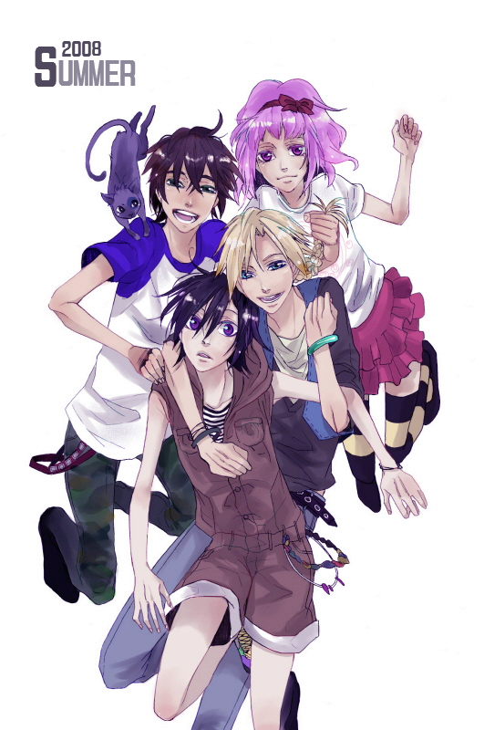 kamiyu, yumitosi, anya alstreim, arthur (code geass), gino weinberg, kururugi suzaku, lelouch vi britannia, code geass, bad id, bad pixiv id, 00s, 1girl, 3boys, alternate costume, black hair, blonde hair, brown hair, casual, cat, everyone, multiple boys, pink hair, raglan sleeves, short hair