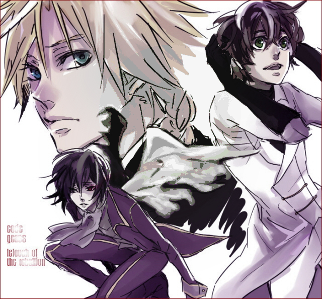 kamiyu, yumitosi, gino weinberg, kururugi suzaku, lelouch vi britannia, code geass, bad id, bad pixiv id, 00s, 3boys, angel, black hair, blonde hair, braid, gloves, green eyes, male focus, multiple boys, short hair, wings