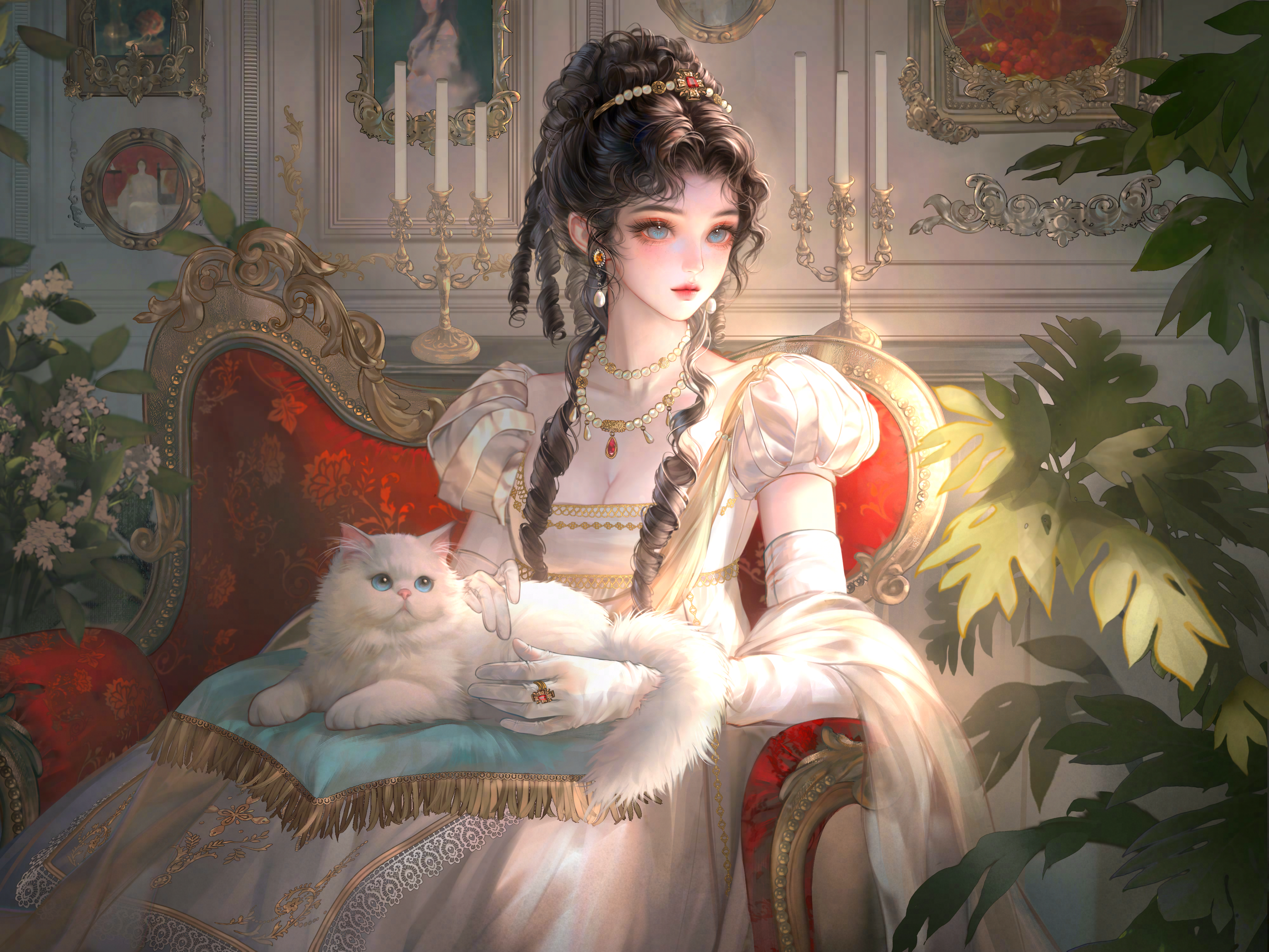 xixizi, original, absurdres, highres, large variant set, variant set, 1girl, animal, black hair, blue eyes, braid, breasts, candle, cat, chair, cleavage, couch, dress, earrings, gloves, holding, indoors, jewelry, long hair, necklace, on lap, pearl necklace, plant, puffy sleeves, ring, sitting, solo, white cat, white dress