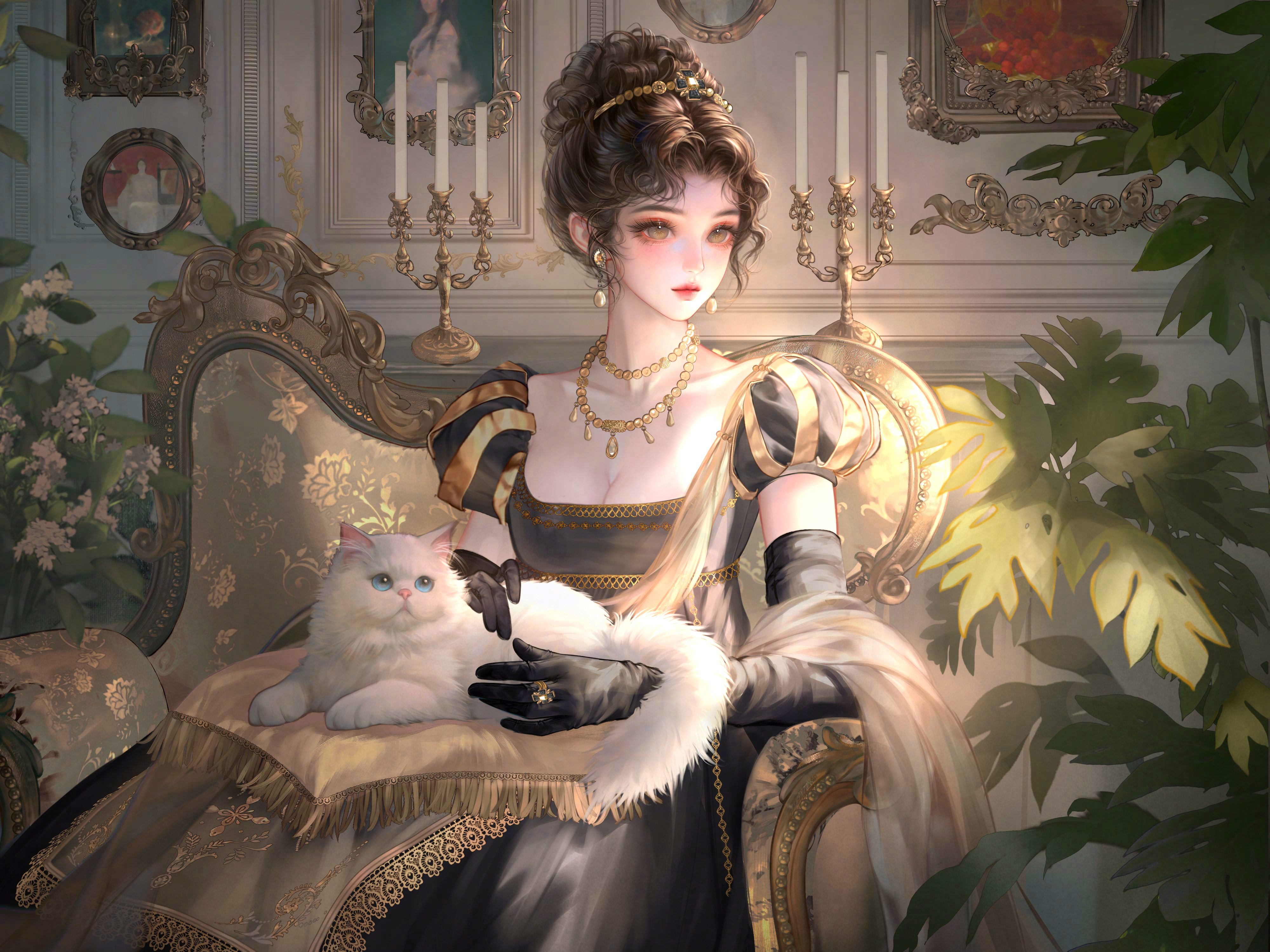 xixizi, original, absurdres, highres, large variant set, variant set, 1girl, animal, black dress, black gloves, black hair, breasts, brown eyes, brown hair, candle, cat, chair, cleavage, closed mouth, couch, dress, earrings, elbow gloves, flower, gloves, hair bun, holding, indoors, jewelry, medium breasts, necklace, painting (object), pearl necklace, picture frame, plant, puffy short sleeves, puffy sleeves, ring, short sleeves, single hair bun, sitting, solo, white cat