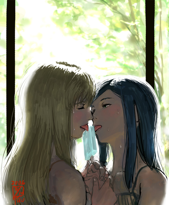 cpt, ikeda (cpt), fujino shizuru, kuga natsuki, my-hime, light brown hair, 00s, 2girls, bare shoulders, blue hair, blush, camisole, closed eyes, couple, food, green eyes, hair between eyes, half-closed eyes, holding hands, licking, lips, long hair, looking at another, multiple girls, neck, popsicle, shared food, sidelocks, straight hair, sweat, swept bangs, tongue, tongue out, upper body, yuri