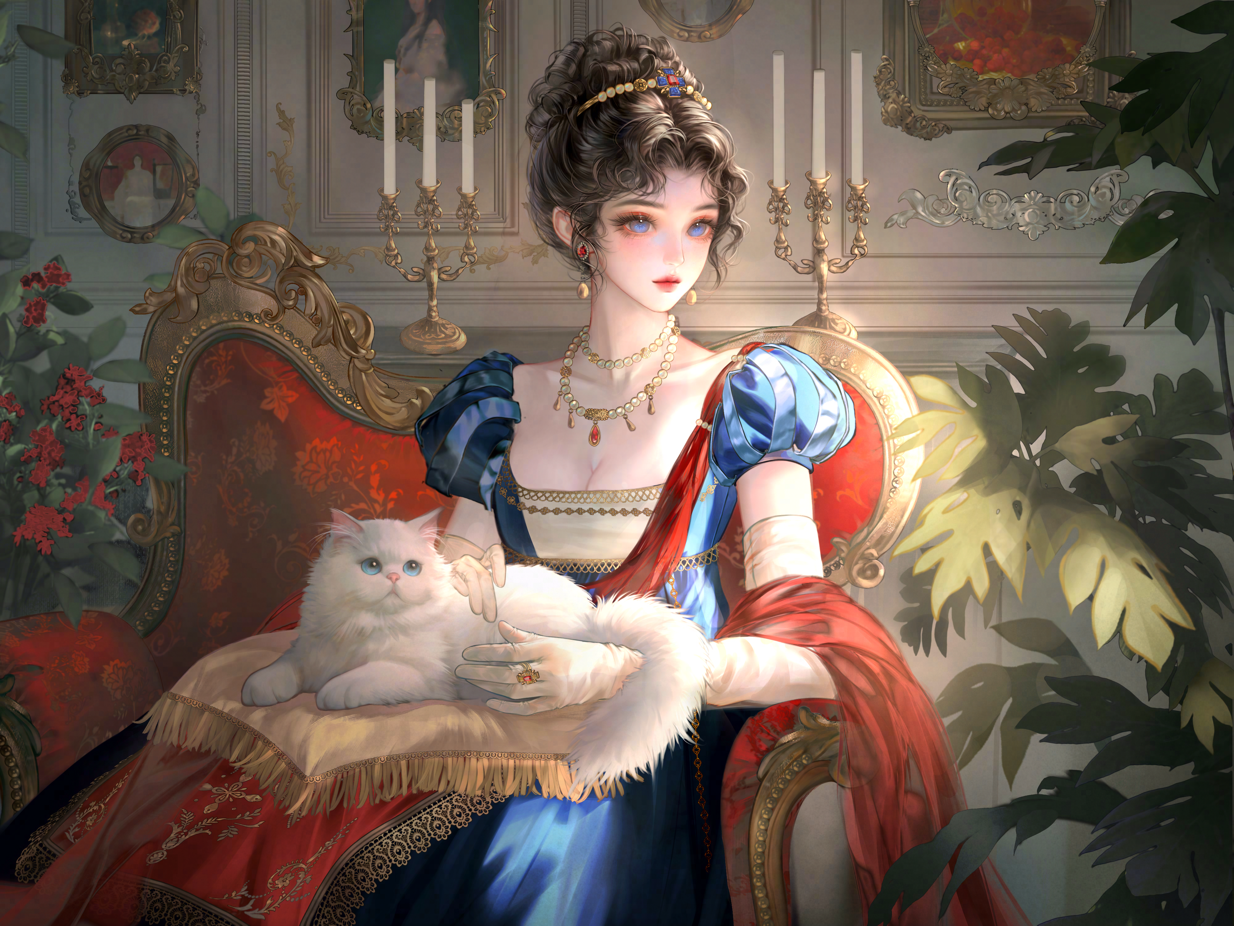 xixizi, original, absurdres, highres, large variant set, variant set, 1girl, animal, animal on lap, black hair, blue dress, blue eyes, breasts, candle, candlestand, cat, chair, cleavage, closed mouth, collarbone, couch, dress, earrings, elbow gloves, flower, gloves, hair bun, holding, holding animal, indoors, jewelry, makeup, necklace, on lap, painting (object), pearl necklace, plant, puff and slash sleeves, puffy short sleeves, puffy sleeves, red lips, shawl, short sleeves, sitting, solo, white cat, white gloves
