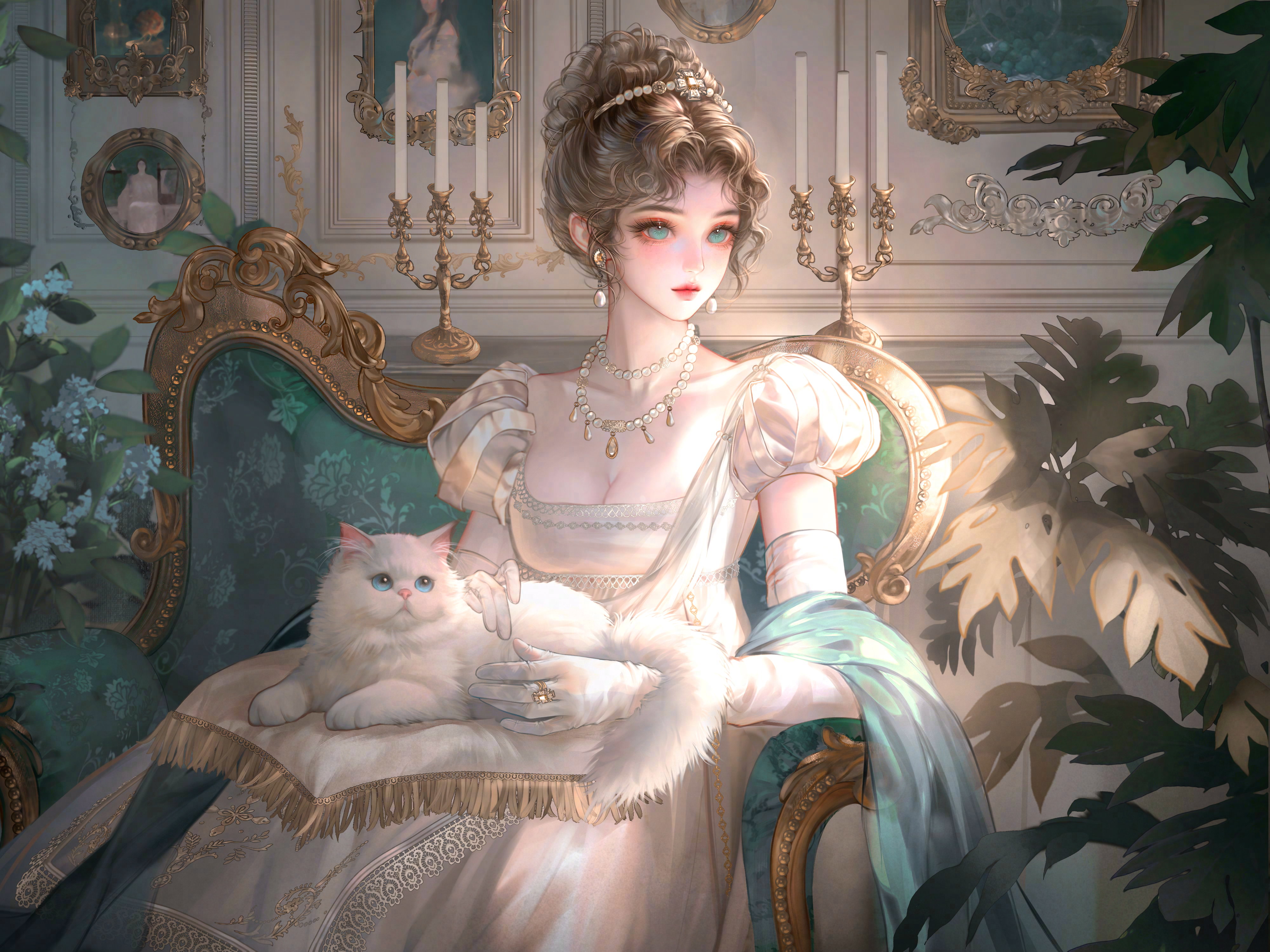 xixizi, original, absurdres, highres, large variant set, variant set, 1girl, animal, blue eyes, breasts, brown hair, candle, cat, cleavage, couch, dress, earrings, elbow gloves, gloves, indoors, jewelry, necklace, on lap, plant, puffy sleeves, ring, sitting, solo, white cat, white dress, white gloves