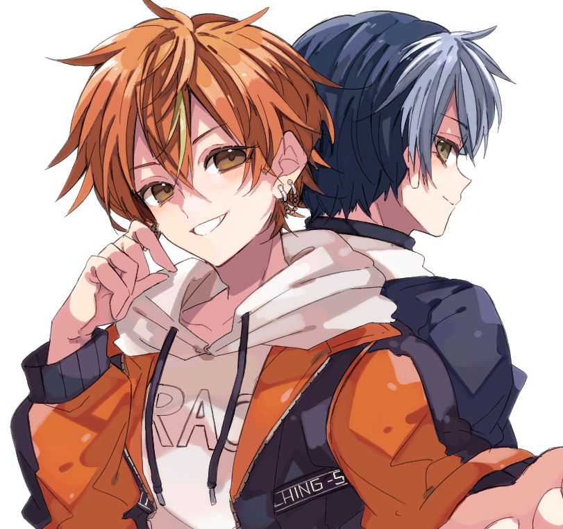 kaho 0102, aoyagi touya, shinonome akito, project sekai, commentary request, 2boys, blonde hair, blue hair, brown eyes, closed mouth, drawstring, ear piercing, grin, hand up, hood, hood down, hoodie, jacket, long sleeves, looking at viewer, male focus, multicolored hair, multiple boys, open clothes, open jacket, orange hair, orange jacket, piercing, short hair, simple background, smile, streaked hair, two-tone hair, upper body, white background, white hoodie