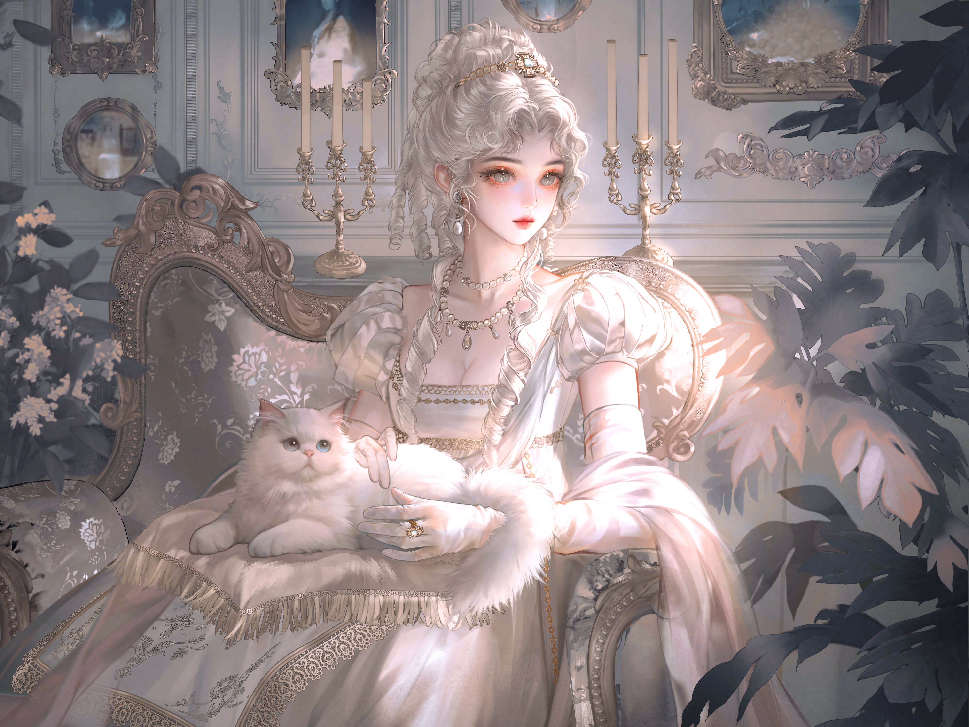 xixizi, original, absurdres, highres, large variant set, variant set, 1girl, animal, blue eyes, breasts, candle, candlestand, cat, cleavage, couch, dress, earrings, gloves, holding, indoors, jewelry, necklace, on lap, pearl necklace, plant, puffy short sleeves, puffy sleeves, ring, short sleeves, sitting, solo, white cat, white dress, white gloves, white hair