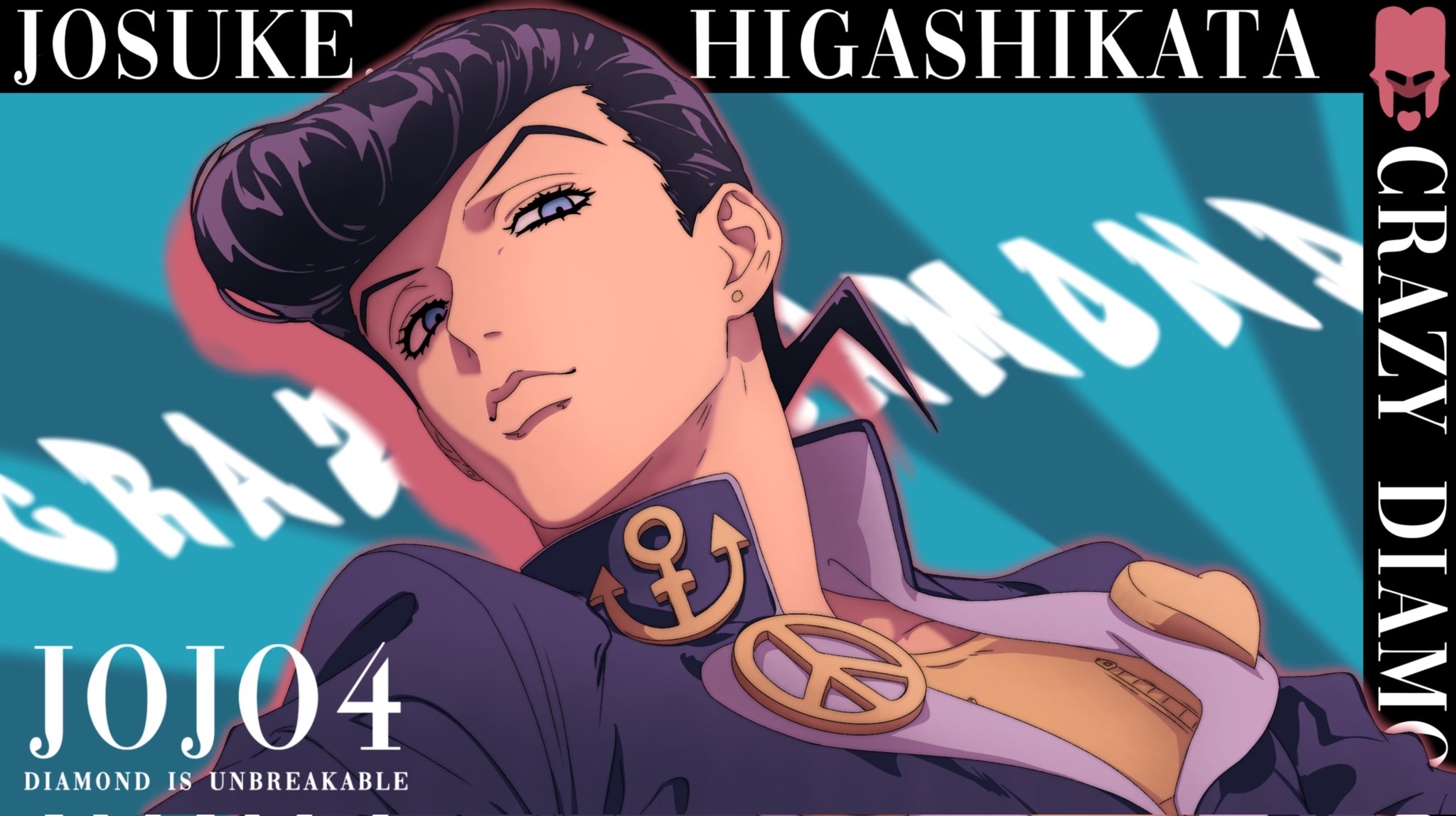 nika dudi, crazy diamond, higashikata josuke, diamond wa kudakenai, jojo no kimyou na bouken, commentary, english commentary, highres, 1boy, anchor ornament, blue eyes, brooch, character name, coat, earrings, english text, gakuran, heart, heart brooch, high collar, jewelry, looking at viewer, male focus, peace symbol, pompadour, purple coat, purple hair, school uniform, shirt, solo, stud earrings, yellow shirt, zipper