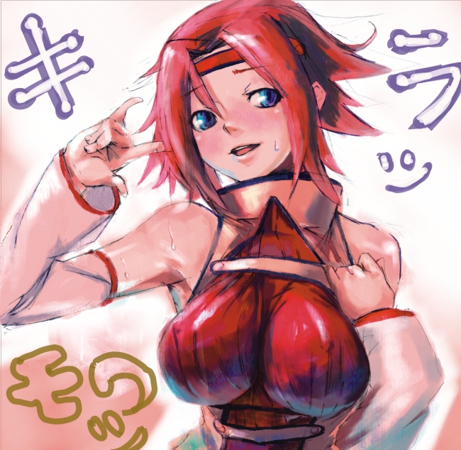 mantarou, kouzuki kallen, code geass, macross, macross frontier, bad id, bad pixiv id, m/, bare shoulders, blue eyes, breasts, detached sleeves, headband, large breasts, parody, pink hair, seikan hikou, short hair, sleeveless, sleeveless turtleneck, solo, turtleneck