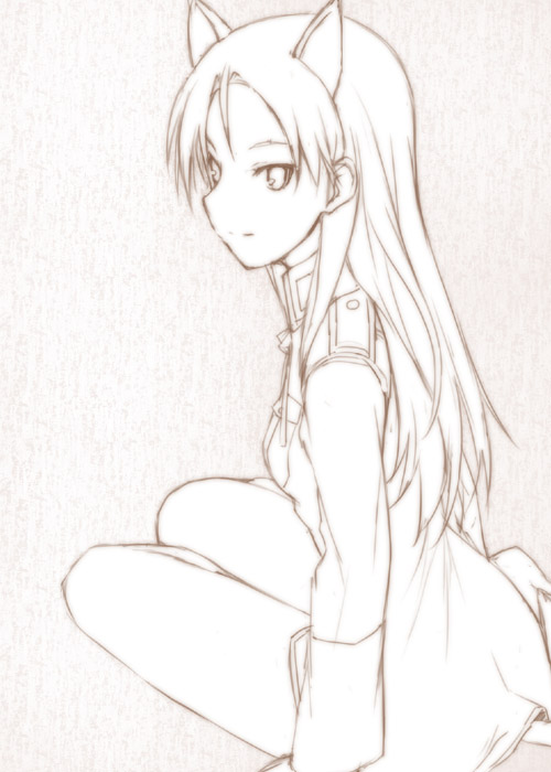 mizuki makoto, minna-dietlinde wilcke, strike witches, world witches series, 00s, 1girl, animal ears, blush, brown theme, cat tail, female focus, from behind, long hair, long sleeves, looking at viewer, military, military uniform, monochrome, simple background, sitting, solo, tail, white background, wolf ears, yokozuwari
