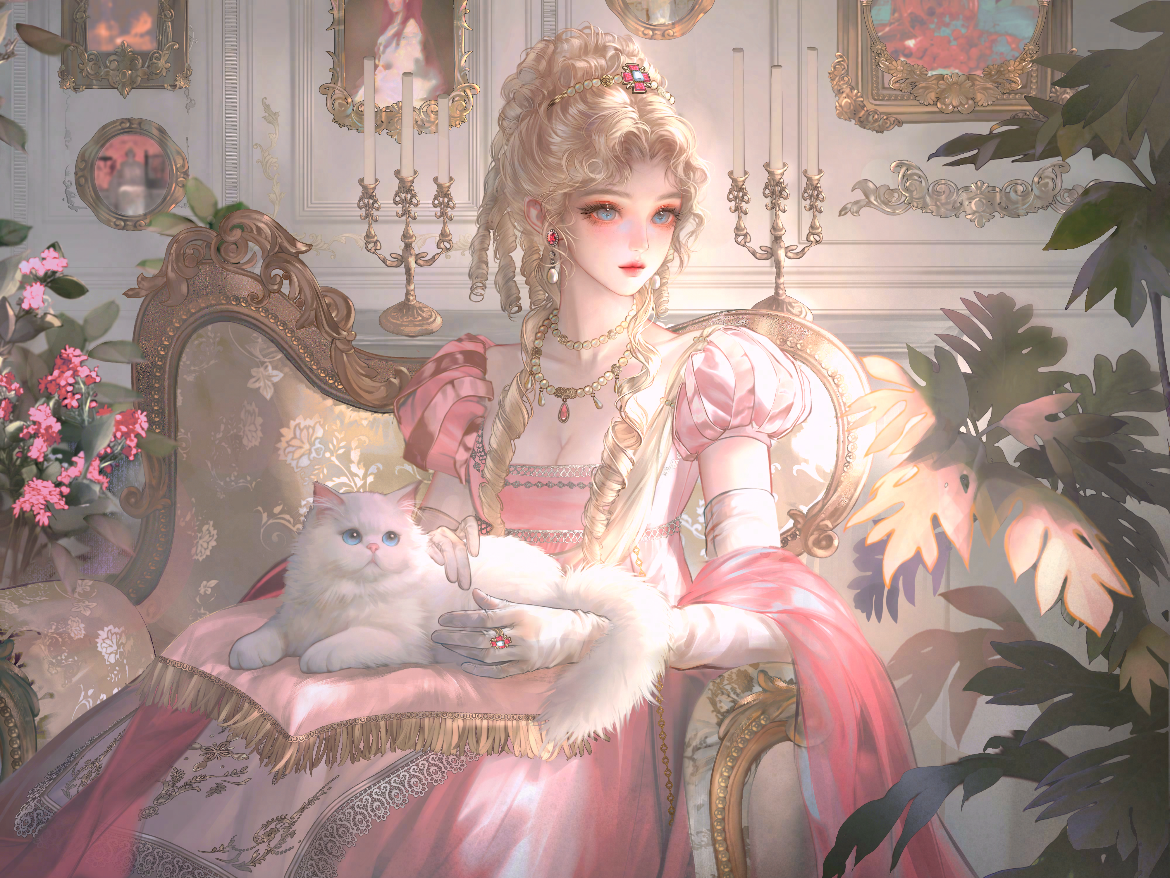 xixizi, original, absurdres, highres, large variant set, variant set, 1girl, animal, animal on lap, blonde hair, blue eyes, braid, breasts, candle, cat, cleavage, dress, earrings, flower, gloves, hair ornament, holding, indoors, jewelry, long hair, necklace, on lap, pearl necklace, picture frame, pink dress, plant, puffy short sleeves, puffy sleeves, ring, short sleeves, sitting, solo, white cat, white gloves