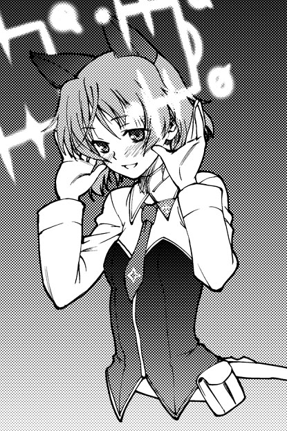 satou atsuki, sanya v. litvyak, strike witches, world witches series, 00s, 1girl, animal ears, blush, cat ears, female focus, greyscale, hirschgeweih antennas, monochrome, necktie, short hair, smile, solo
