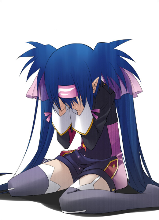 zinno, klan klein, macross, macross frontier, 00s, blue hair, pointy ears, solo, tears, thighhighs, twintails