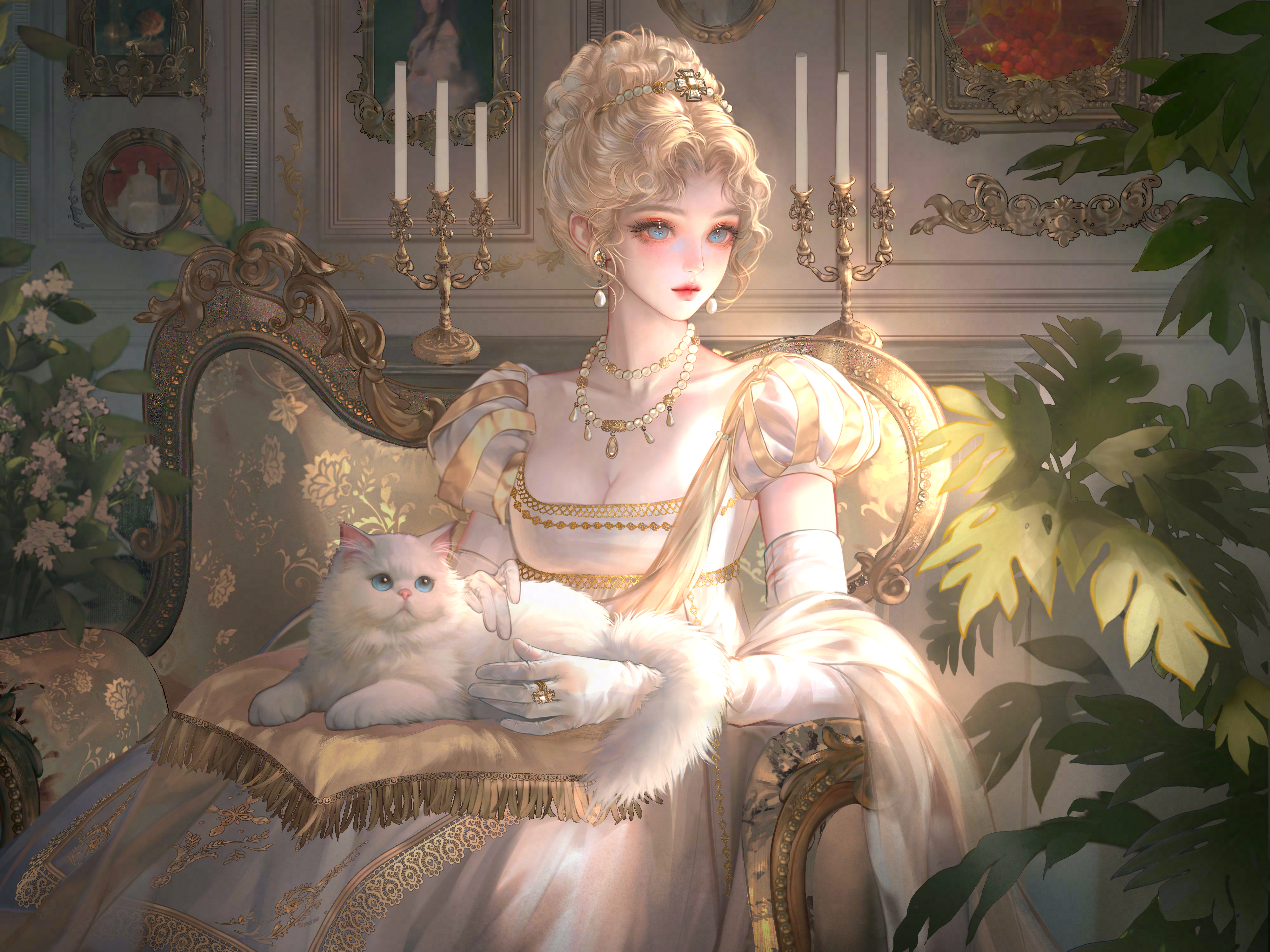 xixizi, original, absurdres, highres, large variant set, variant set, 1girl, animal, blonde hair, blue eyes, breasts, candle, cat, cleavage, couch, dress, earrings, elbow gloves, flower, gloves, hair bun, indoors, jewelry, makeup, necklace, on lap, pearl necklace, picture frame, plant, puffy short sleeves, puffy sleeves, ring, short sleeves, single hair bun, sitting, solo, white cat, white dress, white gloves