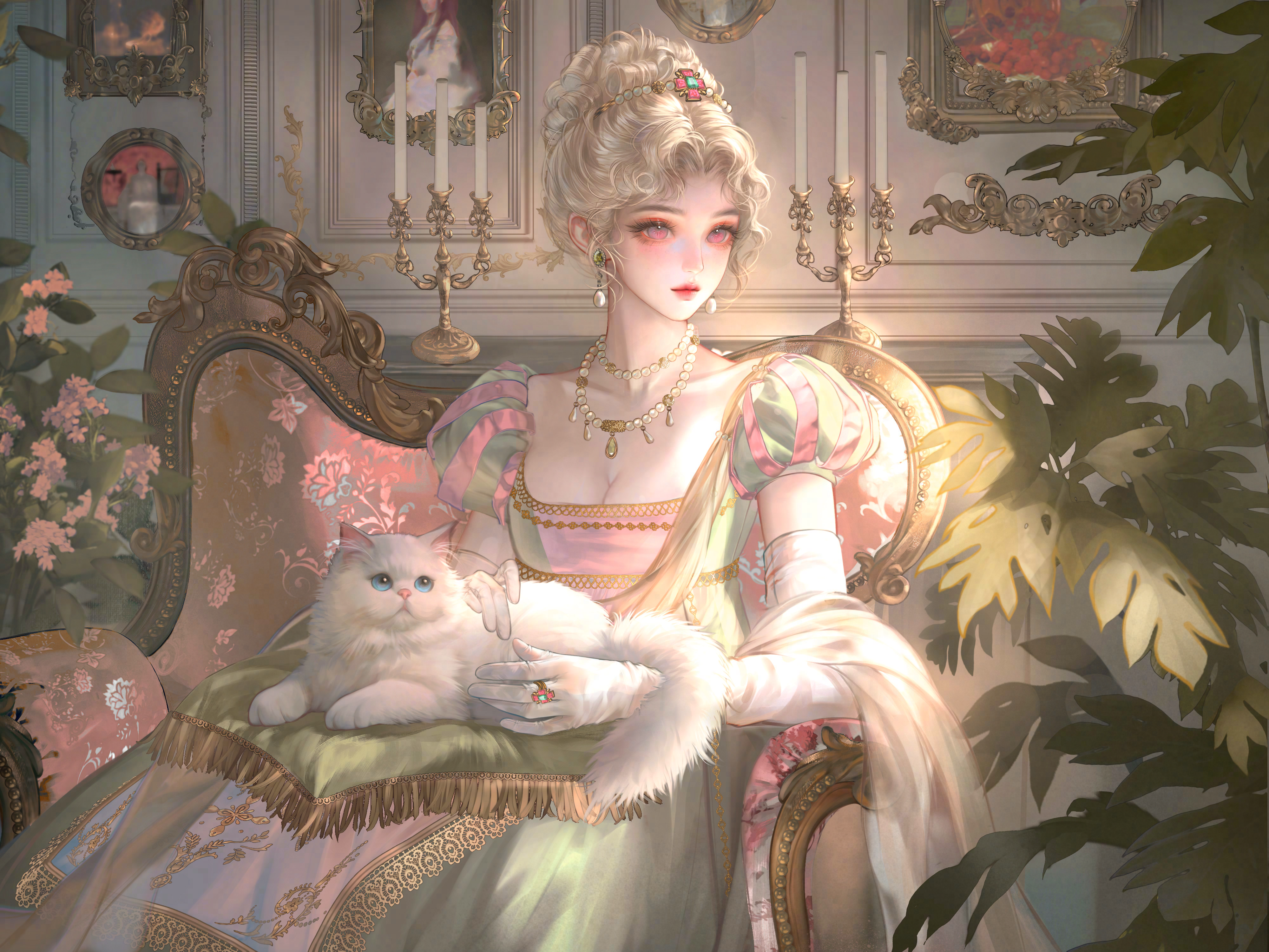 xixizi, original, absurdres, highres, large variant set, variant set, 1girl, animal, animal on lap, blonde hair, breasts, cat, cleavage, closed mouth, couch, dress, earrings, elbow gloves, flower, gloves, green dress, holding, indoors, jewelry, looking at viewer, medium breasts, necklace, on lap, painting (object), picture frame, pink dress, plant, princess, puffy short sleeves, puffy sleeves, ring, shawl, short sleeves, sitting, solo, white cat, white gloves
