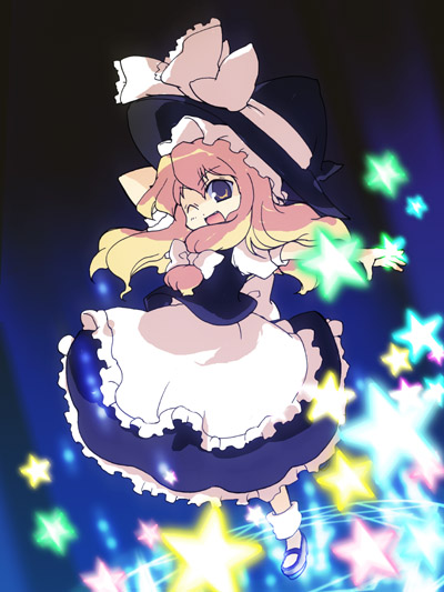 katana (artist), kirisame marisa, touhou, 1girl, ;d, apron, blonde hair, blush, bobby socks, female focus, full body, hat, looking at viewer, one eye closed, open mouth, puffy short sleeves, puffy sleeves, short sleeves, smile, socks, solo, waist apron, white socks, witch hat