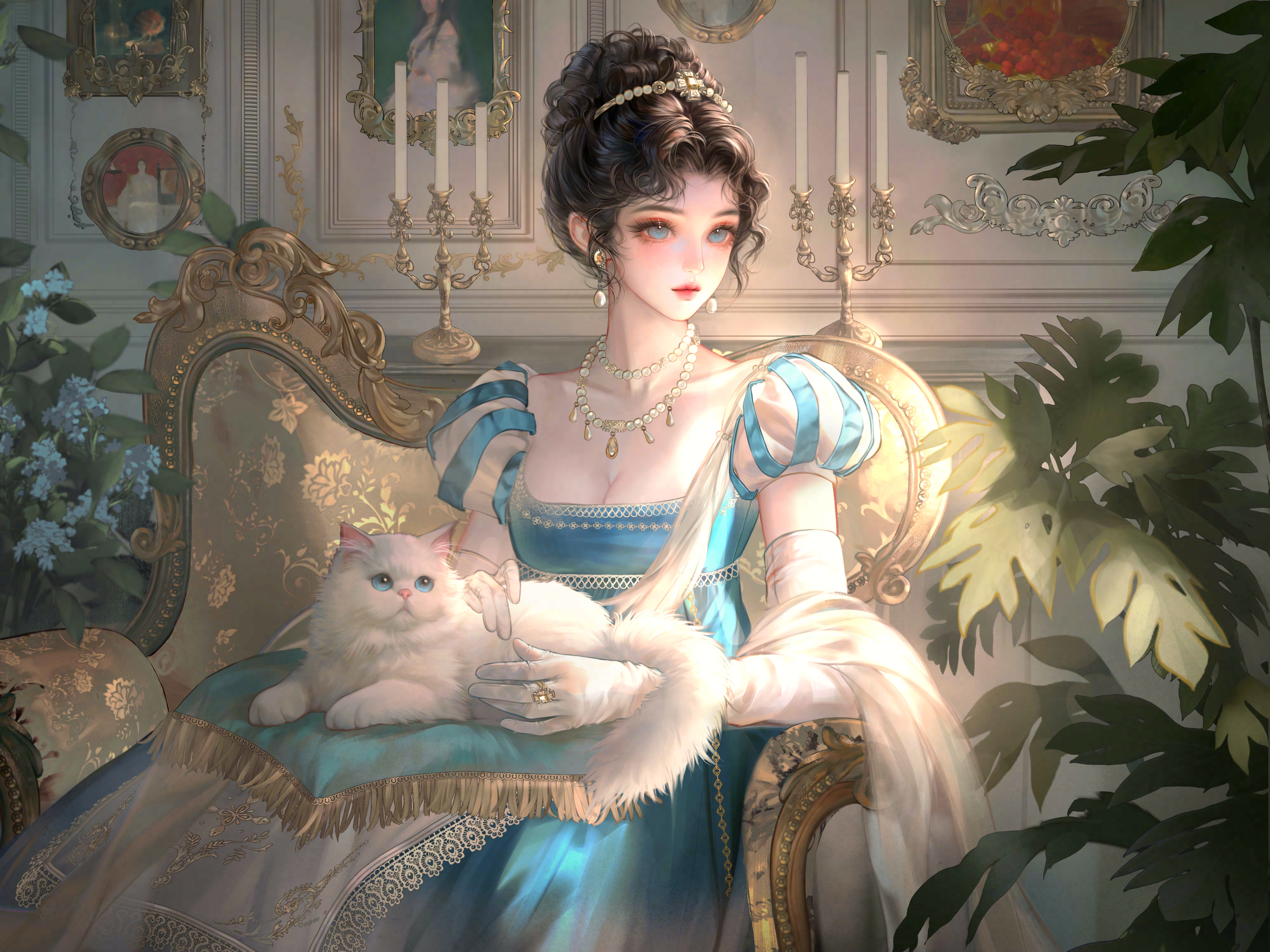 xixizi, original, absurdres, highres, large variant set, variant set, 1girl, animal, black hair, blue dress, blue eyes, breasts, candle, cat, cleavage, couch, dress, earrings, elbow gloves, gloves, hair bun, indoors, jewelry, necklace, on lap, plant, puffy short sleeves, puffy sleeves, ring, short sleeves, sitting, solo, white cat, white gloves