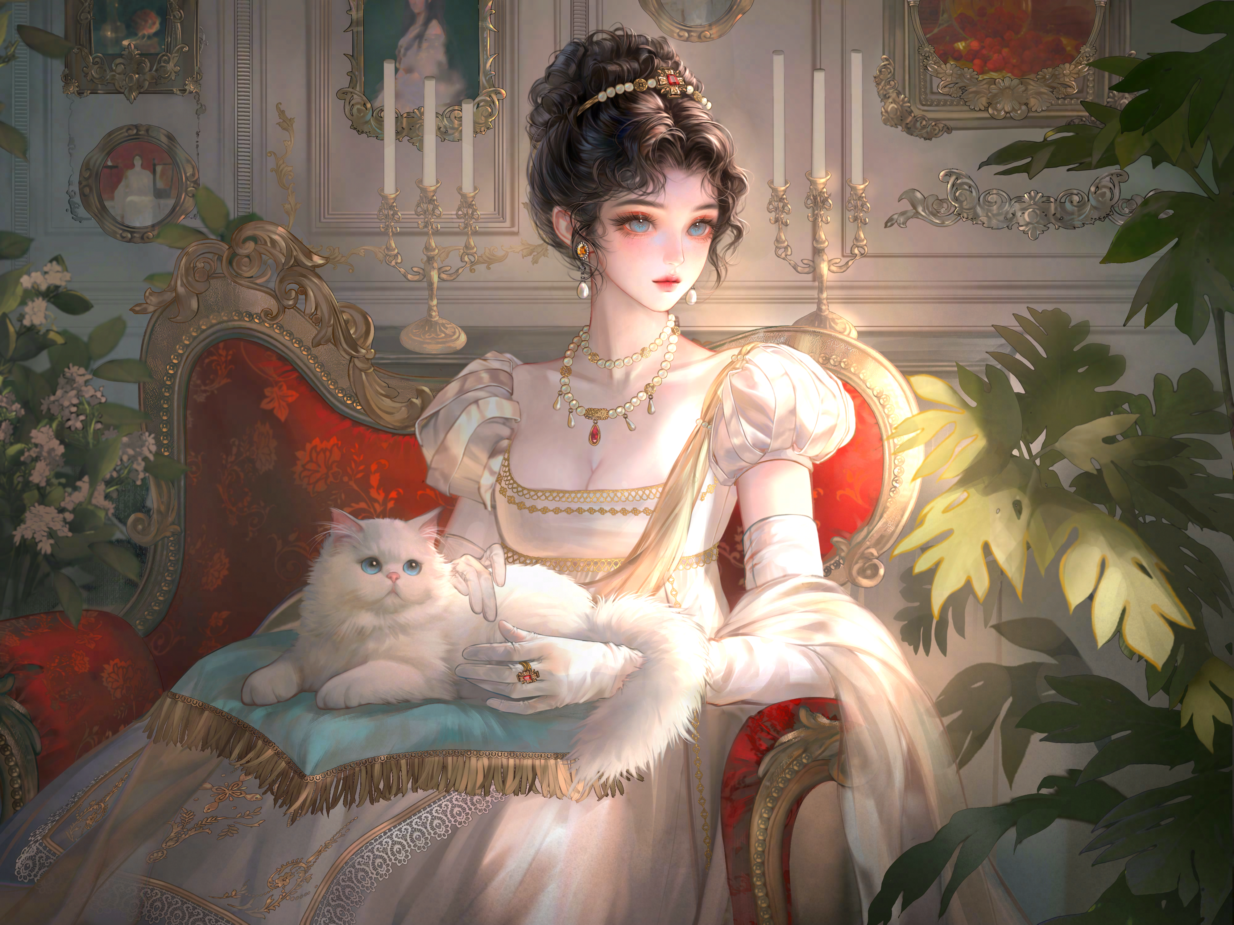 xixizi, original, absurdres, highres, large variant set, variant set, 1girl, animal, black hair, blue eyes, breasts, candle, cat, chair, cleavage, couch, dress, earrings, elbow gloves, gloves, hair bun, indoors, jewelry, necklace, on lap, pearl necklace, plant, puffy sleeves, ring, sitting, solo, white cat, white dress, white gloves