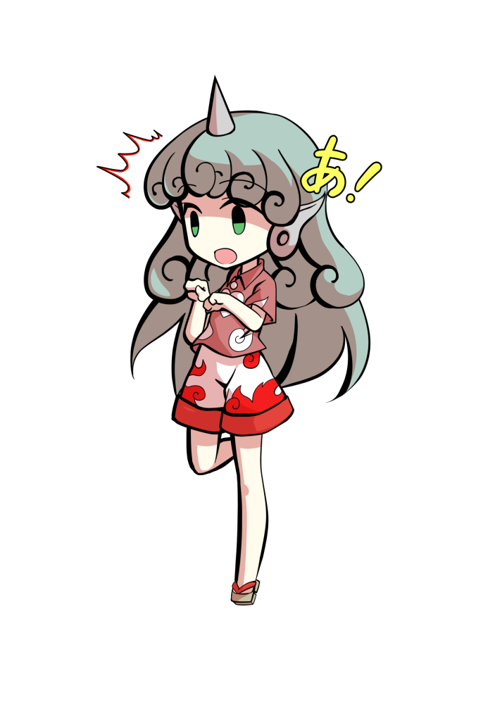 dairi, komano aunn, touhou, commentary request, large variant set, variant set, 1girl, aqua hair, bare arms, barefoot, buttons, chibi, chibi only, cloud print, collared shirt, curly hair, full body, geta, horns, kariyushi shirt, long hair, paw pose, pink shirt, shirt, short sleeves, shorts, single horn, solo, standing, standing on one leg, tachi-e, transparent background