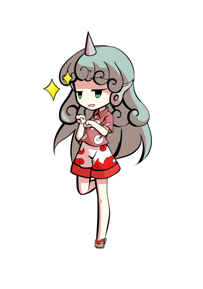 dairi, komano aunn, touhou, commentary request, large variant set, variant set, 1girl, aqua hair, bare arms, barefoot, buttons, chibi, chibi only, cloud print, collared shirt, curly hair, full body, geta, horns, kariyushi shirt, long hair, paw pose, pink shirt, shirt, short sleeves, shorts, single horn, solo, standing, standing on one leg, tachi-e, transparent background