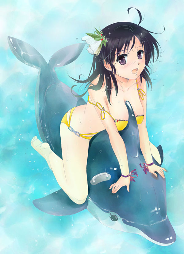 yurikuta tsukumi, original, barefoot, between breasts, bikini, breasts, dolphin, inflatable dolphin, inflatable toy, solo, swimsuit, yellow bikini