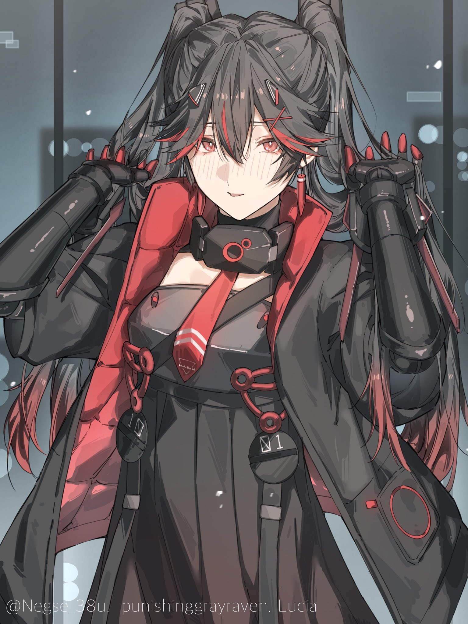negse 38u, lucia: plume (pgr), lucia (pgr), punishing: gray raven, commentary request, highres, 1girl, armor, armored dress, artist name, black dress, black hair, black jacket, blush, character name, copyright name, cowboy shot, dress, earrings, gradient hair, hair between eyes, hands up, indoors, jacket, jewelry, long hair, mechanical arms, mechanical hands, multicolored hair, necktie, nose blush, open clothes, open jacket, parted lips, red eyes, red hair, red necktie, smile, solo, streaked hair, twintails, twitter username