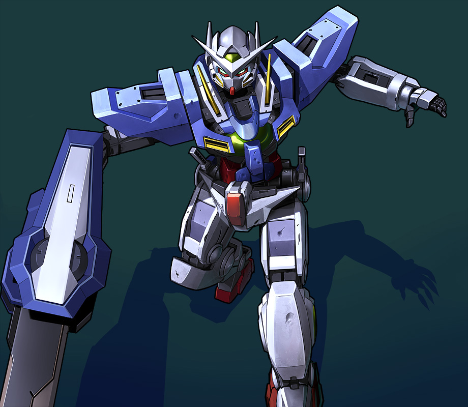 patorishia, patricia (stylish marunage), exia, gundam exia, gundam, gundam 00, blade, 00s, aqua background, armor, foreshortening, glowing, glowing eyes, green eyes, looking at viewer, mecha, no humans, robot, running, shadow, shield, simple background