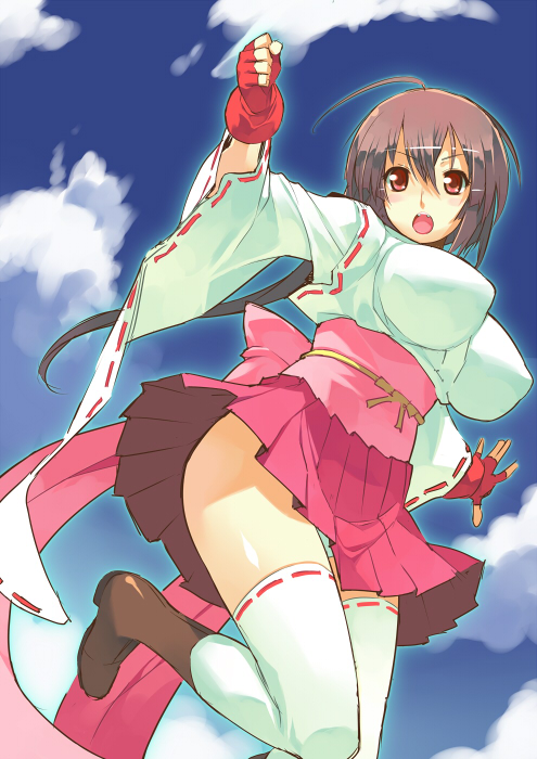ryuuta, ryuuta (msxtr), musubi, sekirei, 00s, 1girl, :o, ahoge, ankle boots, blue sky, boots, breasts, brown boots, brown hair, cloud, day, female focus, fingerless gloves, gloves, hakama, hakama short skirt, hakama skirt, japanese clothes, kimono, large breasts, looking at viewer, miko, open mouth, pleated skirt, red hakama, red skirt, ribbon-trimmed legwear, ribbon trim, short hair, skirt, sky, solo, thighhighs, zettai ryouiki