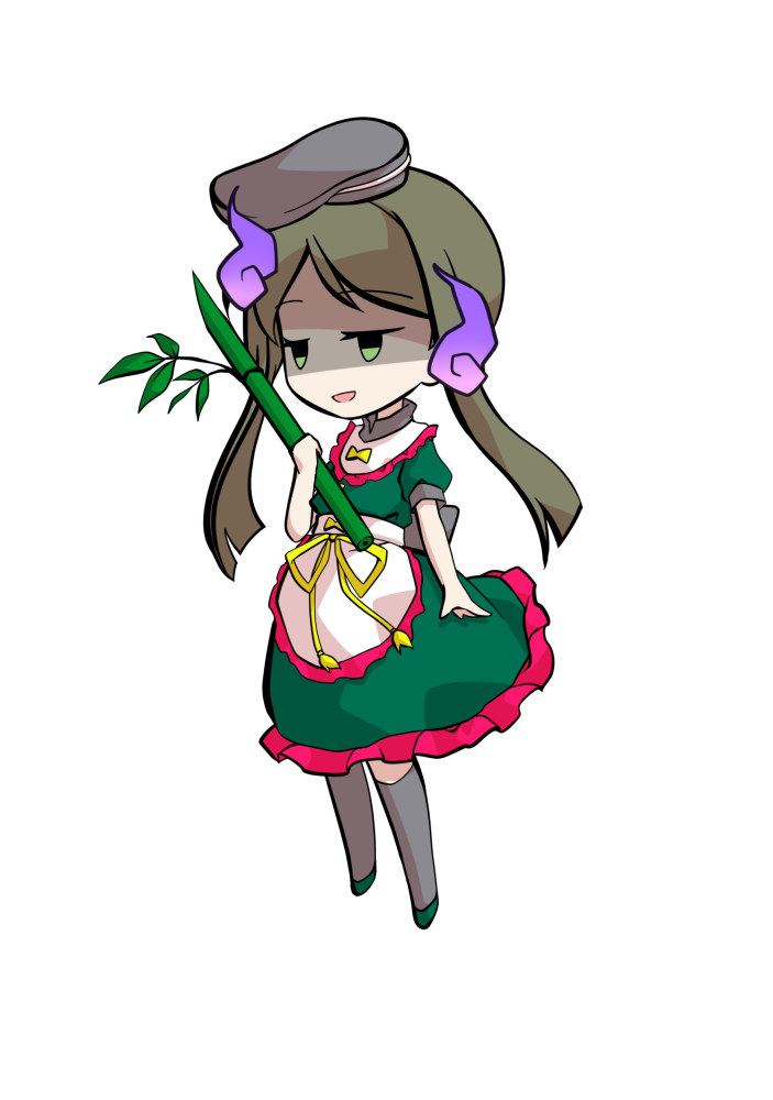 dairi, teireida mai, touhou, commentary request, large variant set, variant set, 1girl, apron, back bow, black bow, black hat, black socks, bow, brown hair, chibi, chibi only, dress, frilled apron, frilled dress, frills, full body, green dress, green shoes, hat, holding, holding plant, medium dress, parted bangs, plant, puffy short sleeves, puffy sleeves, shoes, short hair with long locks, short sleeves, socks, solo, tachi-e, transparent background, waist apron, white apron, yellow bow