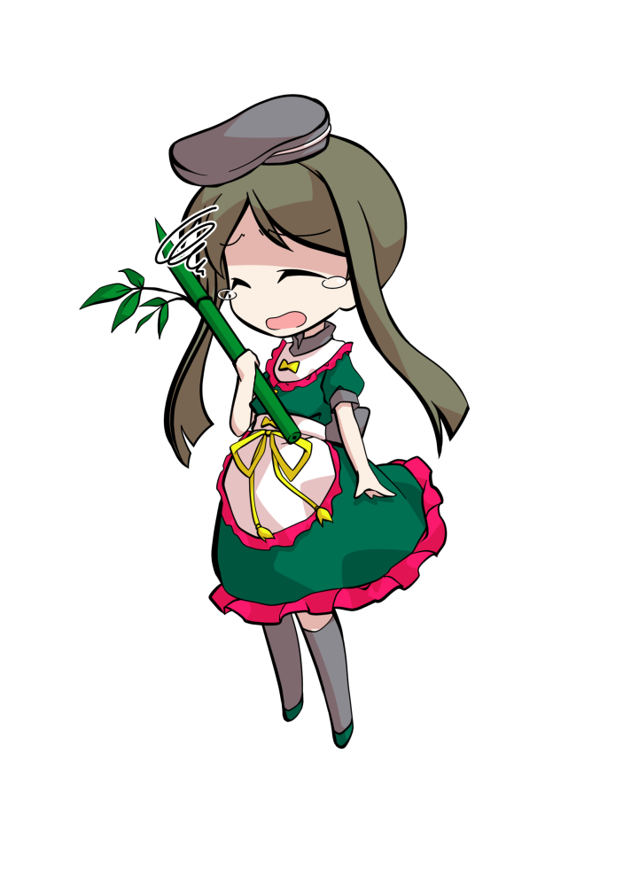 dairi, teireida mai, touhou, commentary request, large variant set, variant set, 1girl, apron, back bow, black bow, black hat, black socks, bow, brown hair, chibi, chibi only, dress, frilled apron, frilled dress, frills, full body, green dress, green shoes, hat, holding, holding plant, medium dress, parted bangs, plant, puffy short sleeves, puffy sleeves, shoes, short hair with long locks, short sleeves, socks, solo, tachi-e, transparent background, waist apron, white apron, yellow bow