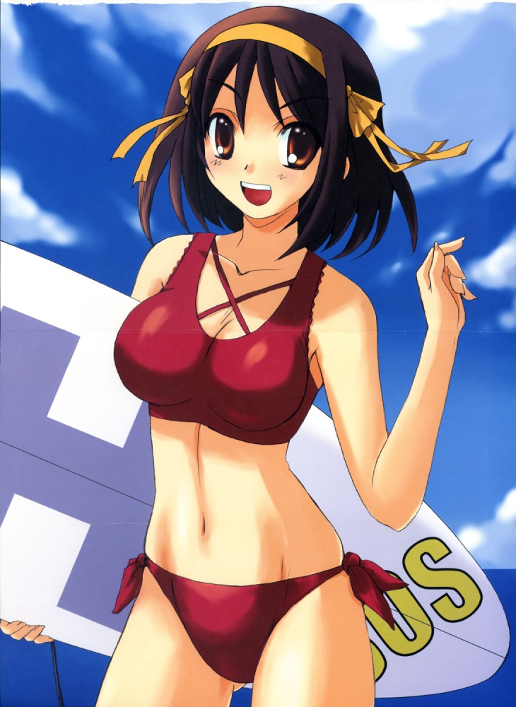 kagawa tomonobu, yano takumi, suzumiya haruhi, suzumiya haruhi no yuuutsu, 00s, 1girl, beach, bikini, brown hair, day, female focus, orange hair, outdoors, short hair, solo, surfboard, swimsuit