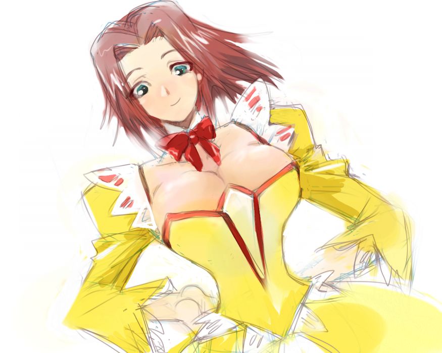 memejiro, kouzuki kallen, code geass, 00s, 1girl, bare shoulders, blue eyes, bow, breasts, cleavage, detached sleeves, dress, female focus, gown, hands on own hips, large breasts, narrow waist, pink hair, short hair, solo, strapless, strapless dress