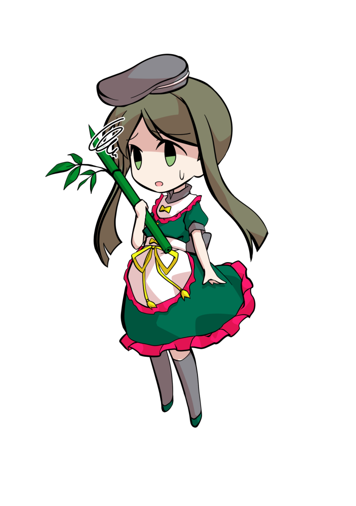 dairi, teireida mai, touhou, commentary request, large variant set, variant set, 1girl, apron, back bow, black bow, black hat, black socks, bow, brown hair, chibi, chibi only, dress, frilled apron, frilled dress, frills, full body, green dress, green shoes, hat, holding, holding plant, medium dress, parted bangs, plant, puffy short sleeves, puffy sleeves, shoes, short hair with long locks, short sleeves, socks, solo, tachi-e, transparent background, waist apron, white apron, yellow bow