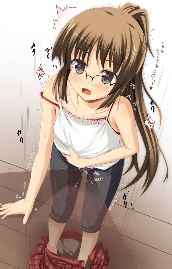kazumasa, original, jpeg artifacts, 1girl, bike shorts, blush, brown eyes, brown hair, cameltoe, crotch rub, female focus, female masturbation, glasses, long hair, masturbation, panties, pantyshot, ponytail, pussy juice, saliva, skirt, solo, sweat, table, table humping, tank top, underwear, upskirt, wet, wet clothes, wet panties