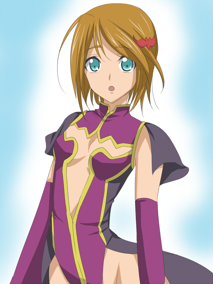 maruki (punchiki), marika soresi, valkyrie (code geass), code geass, bad id, bad pixiv id, 00s, blue eyes, brown hair, flat chest, gloves, hair ornament, hairclip, short hair, solo