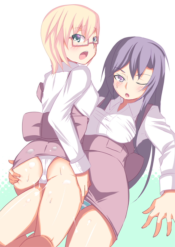 johnny funamushi, original, ass grab, 2girls, ass, blush, crotch rub, cum, glasses, multiple girls, panties, pantyshot, pussy juice, skirt, underwear, yuri
