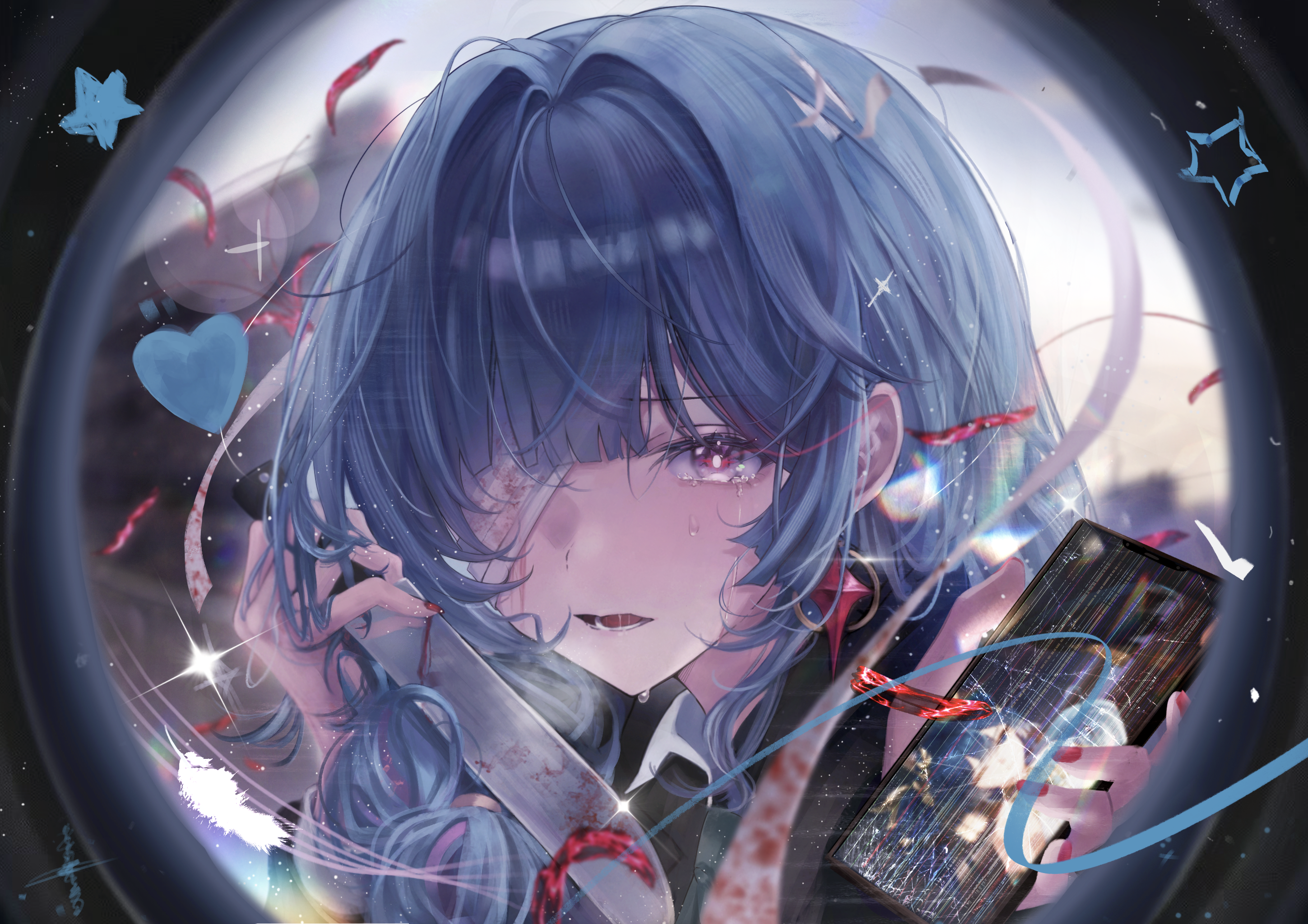 iuno (wuthering waves), phrolova (wuthering waves), monitoring (vocaloid), wuthering waves, commentary request, highres, 1girl, bandage over one eye, cellphone, cracked screen, crying, crying with eyes open, earrings, from inside, game screenshot inset, grey hair, hair intakes, holding, holding knife, holding phone, jewelry, knife, long hair, nail polish, open mouth, phone, pov peephole, red nails, sameaki, smartphone, solo, tears