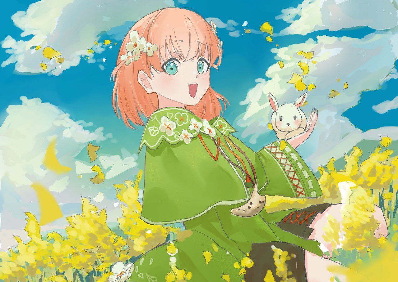 zen66574227, hinoshita kaho, link! like! love live!, love live!, commentary, 1girl, :d, animal, blue sky, capelet, cloud, day, dress, field, flower, flower field, green capelet, green dress, hair flower, hair ornament, hasu no sora fantasy, holding, holding animal, holding rabbit, instrument, long sleeves, looking at viewer, medium hair, ocarina, official alternate costume, open mouth, orange hair, outdoors, rabbit, sitting, sky, smile, solo, two side up, white flower, yellow flower