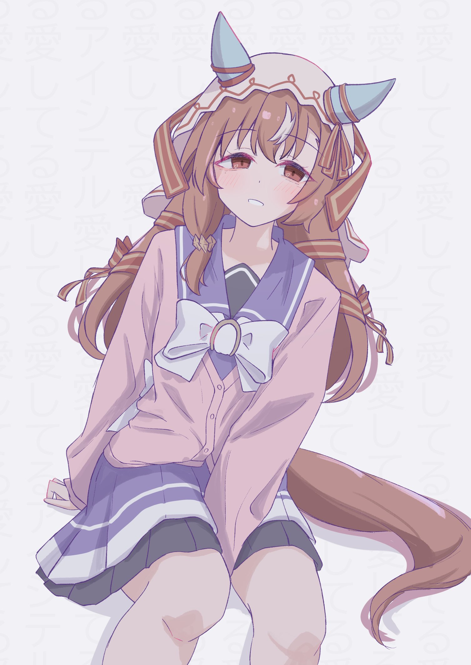 tofu thunder, still in love (umamusume), umamusume, highres, 1girl, animal ears, blush, bow, breasts, brown hair, cardigan, ear covers, ear ribbon, hair between eyes, hair ornament, horse ears, horse girl, horse tail, long hair, long sleeves, looking at viewer, open mouth, pink cardigan, purple sailor collar, purple skirt, red eyes, sailor collar, sailor shirt, school uniform, shirt, simple background, sitting, skirt, small breasts, smile, solo, tail, tracen school uniform, veil, white background, white bow, white veil