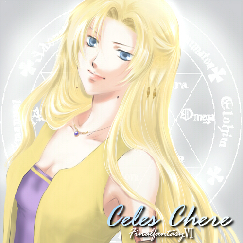 yuzuru saeki, celes chere, final fantasy, final fantasy vi, lowres, 1990s (style), 1girl, amano yoshitaka design, blonde hair, blue eyes, character name, copyright name, elbow gloves, female focus, gloves, jewelry, long hair, magic circle, necklace, retro artstyle, solo, vest
