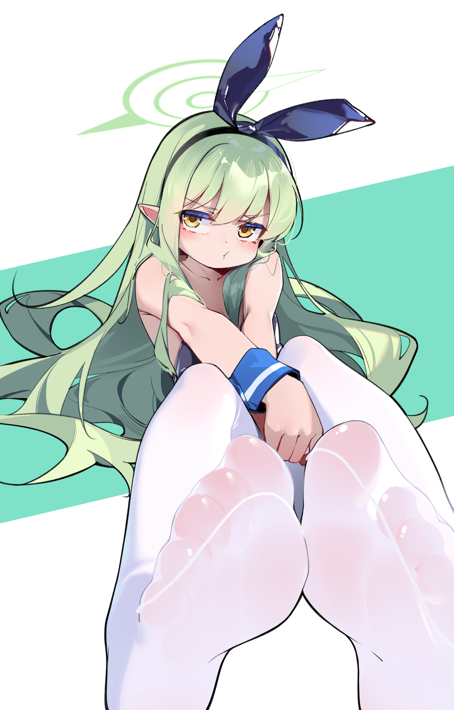 painterliuhao, hikari (blue archive), blue archive, highres, 1girl, alternate costume, feet, foot focus, foreshortening, green hair, halo, leotard, long hair, no shoes, pantyhose, pointy ears, soles, solo, toes, white pantyhose