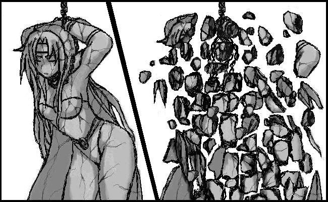 temi (konagona moe), celes chere, final fantasy, final fantasy vi, 1990s (style), 1girl, arms up, bdsm, bondage, bound, chain, death, destruction, female focus, grey theme, greyscale, monochrome, petrification, retro artstyle, simple background, solo, statue, white background