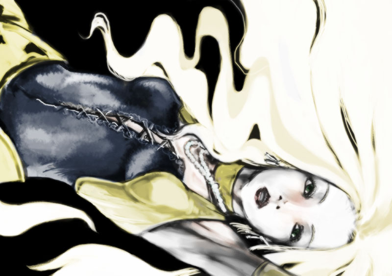 rr (ryohej), celes chere, final fantasy, final fantasy vi, 1990s (style), 1girl, amano yoshitaka design, armpits, blonde hair, breasts, elbow gloves, female focus, gloves, long hair, lying, retro artstyle, solo