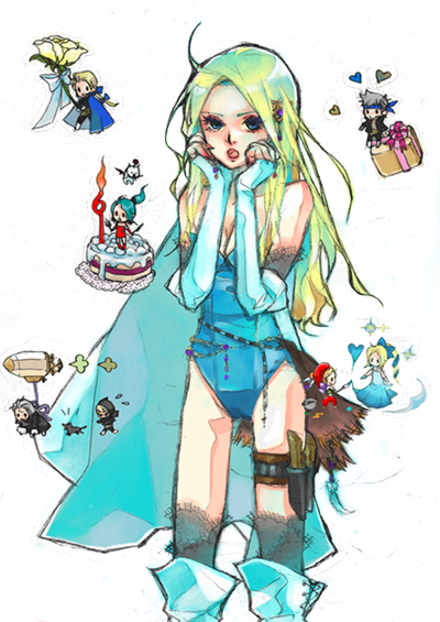 celes chere, edgar roni figaro, interceptor, locke cole, moogle, relm arrowny, setzer gabbiani, shadow (ff6), tina branford, final fantasy, final fantasy vi, 1990s (style), 4boys, 4girls, aircraft, airship, blonde hair, blue eyes, cake, cape, dog, flower, flying, food, hat, leotard, multiple boys, multiple girls, pastry, rose