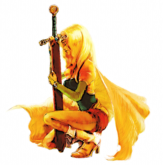 ajikko, celes chere, final fantasy, final fantasy vi, 1990s (style), 1girl, amano yoshitaka design, blonde hair, boots, brown pantyhose, cape, closed eyes, detached sleeves, female focus, from side, full body, high heel boots, high heels, kneeling, on one knee, pantyhose, retro artstyle, sheath, sheathed, shorts, simple background, solo, sword, torn clothes, torn shorts, weapon, white background