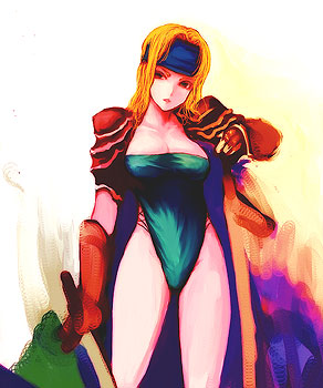 kara (color), celes chere, final fantasy, final fantasy vi, lowres, 1990s (style), 1girl, blonde hair, blue eyes, breasts, cape, cleavage, female focus, gloves, headband, leotard, long hair, oekaki, retro artstyle, shoulder pads, solo, sword, weapon